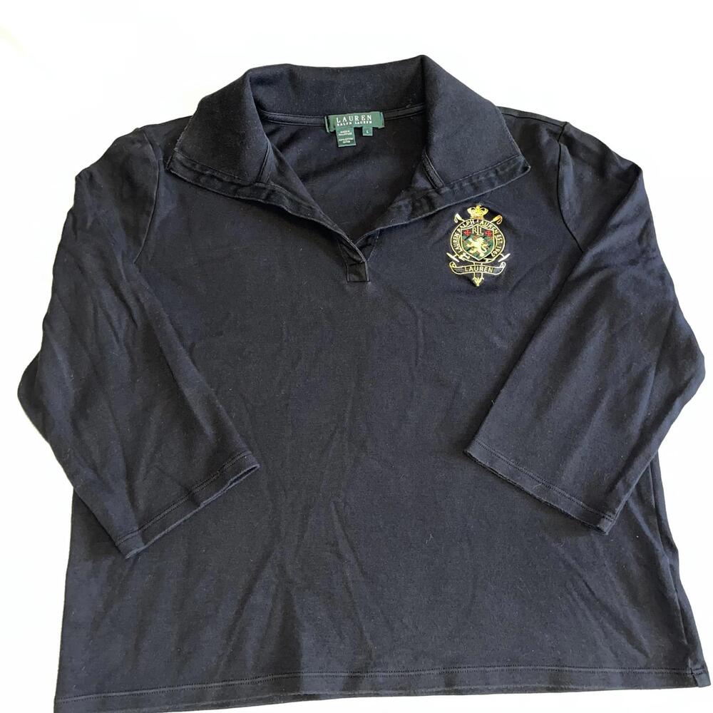 Ralph Lauren Women's Black Polo Shirt Size Large Embroidered Preppy 3/4 Sleeve